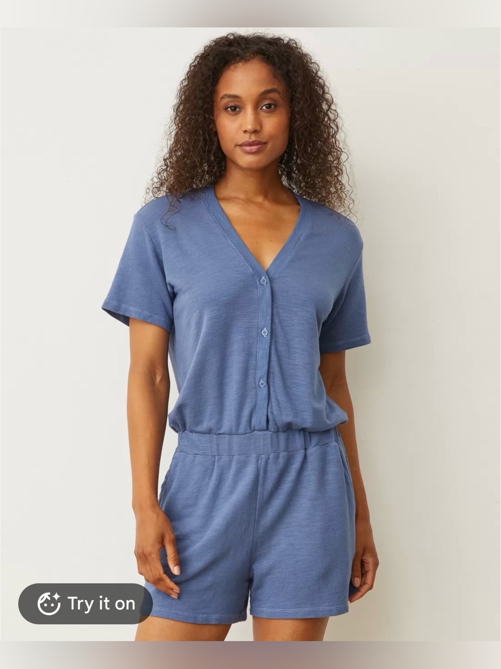 Monrow Slate Blue V-Neck Short Romper